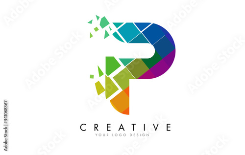Letter P Design with Rainbow Shattered Blocks Vector Illustration.