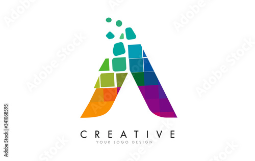 Letter A Design with Rainbow Shattered Blocks Vector Illustration.