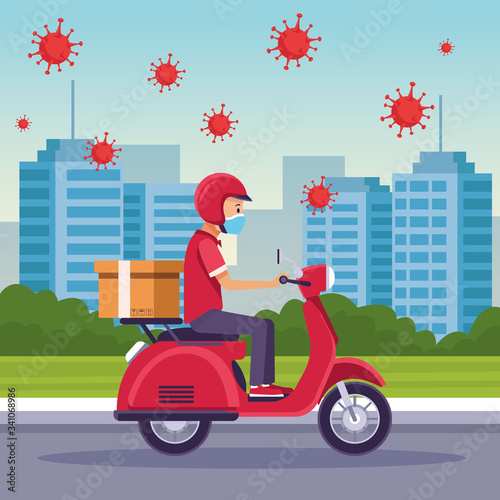 courier in motorcycle delivery service with covid19 particles