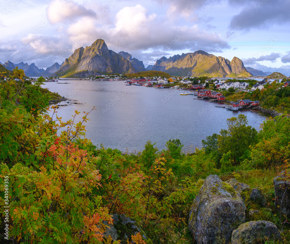 view of the village among the fjords in norway, lofoten islands