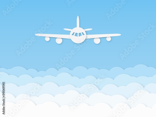 Paper airplane. Beautiful flight plane on blue sky origami style, aviation tourism. Business idea creative design paper cut vector concept