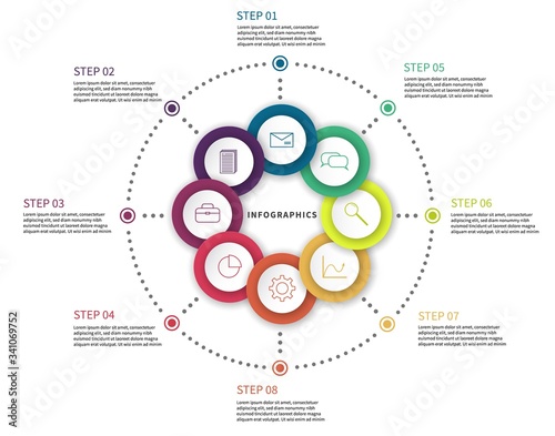 Workflow chart. Process diagram with steps, flow chart circle scheme with options and icons vector abstract business infographics template