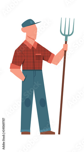 Man and pitchfork. Agricultural worker with gardening tool vector gardener
