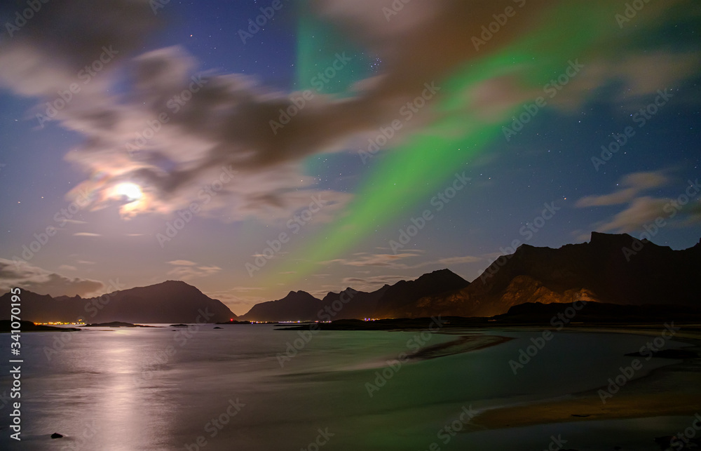 Polar Lights over the beach in norway, lofoten islands Aurora Borealis