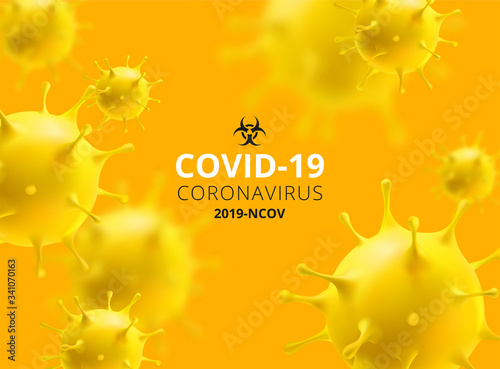 Novel Coronavirus (2019-nCoV). Virus Covid 19-NCP. Virus under the microscope. Background with realistic 3d yellow virus cells. vector illustration.