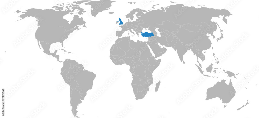 Turkey, United kingdom, countries highlighted on world map. Business concepts, diplomatic, trade, transport relations.