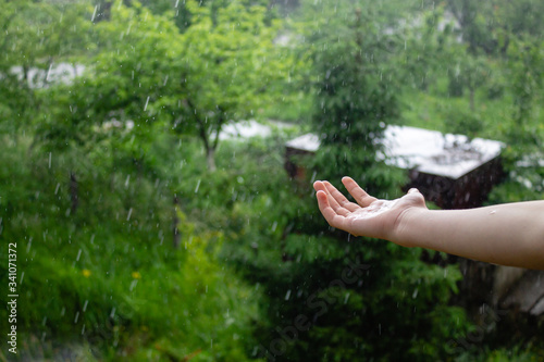 Hand on pouring summer rain with green summer nature background