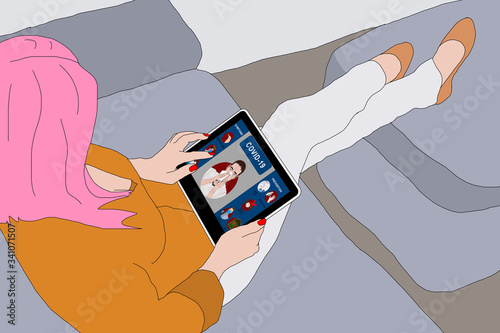 Lets stay home. Quarantine. A girl sits in a chair with a tablet computer in her hands. illustration.