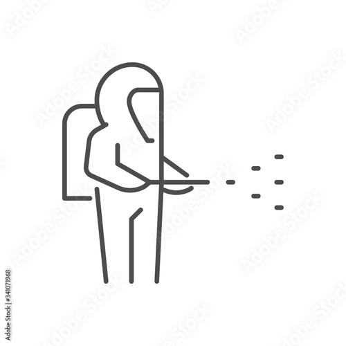 Disinfection related vector thin line icon. Man in protective antiviral suit sprays a disinfectant. Isolated on white background. Editable stroke. Vector illustration.