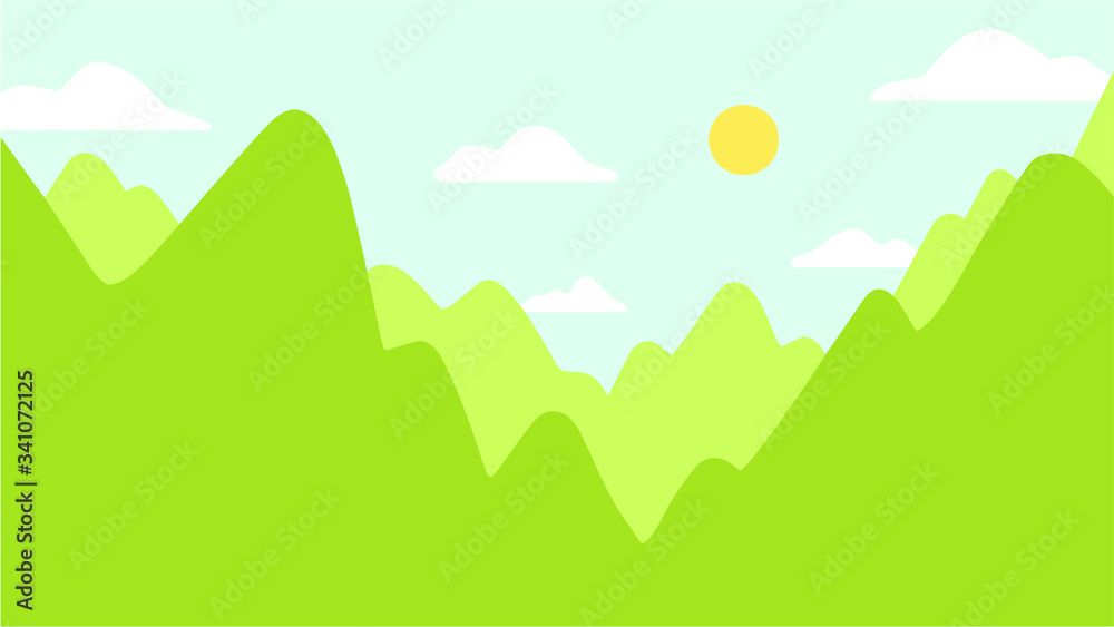 Minimalist landscape green mountains and forest vector illustration 