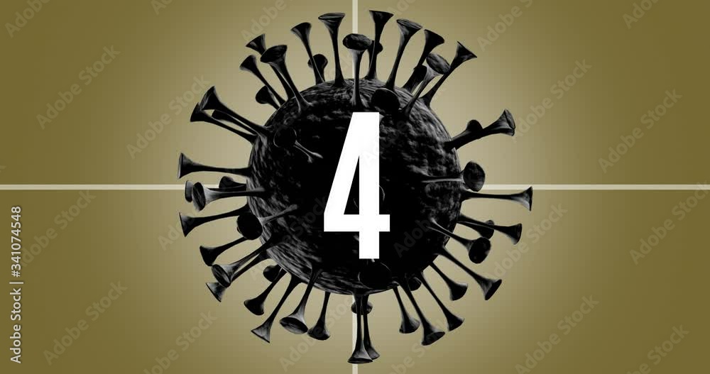 4K. real time countdown leader graphic counting from 9 to 0 with numerals reverse, Virus set to zero conccept in Red to green color