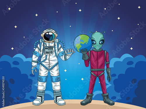 astronaut and alien in the space characters