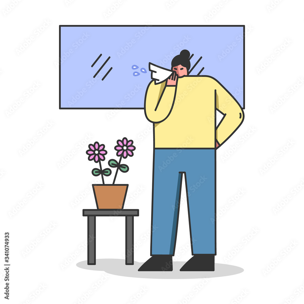 Concept Of Illness People With Flu And Coronavirus Symptoms. Sick Female Character With Flu Infection And Running Nose Stay At Home For Quick Recovery. Cartoon Linear Outline Flat Vector Illustration