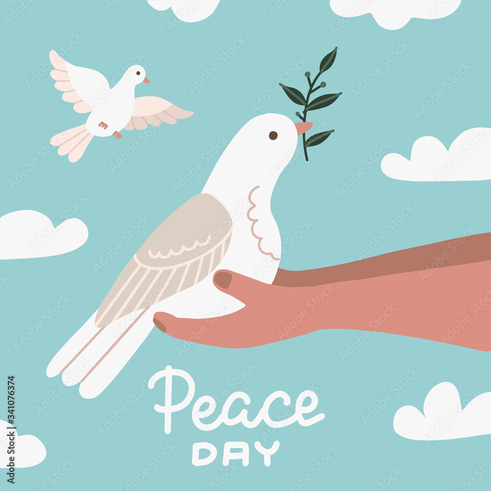 White Dove with Olive Branch sittting in human Hands. Peace Symbol. Pigeon Isolated Logo. White Flying Bird Emblem. Flat Dove Flat Sign. Peace day Poster illestration with sky and clouds. White Dove with Olive Branch sittting in human Hands. Peace Symbol. Pigeon Isolated Logo. White Flying Bird Emblem. Flat Dove Flat Sign. Peace day Poster illestration with sky and clouds.