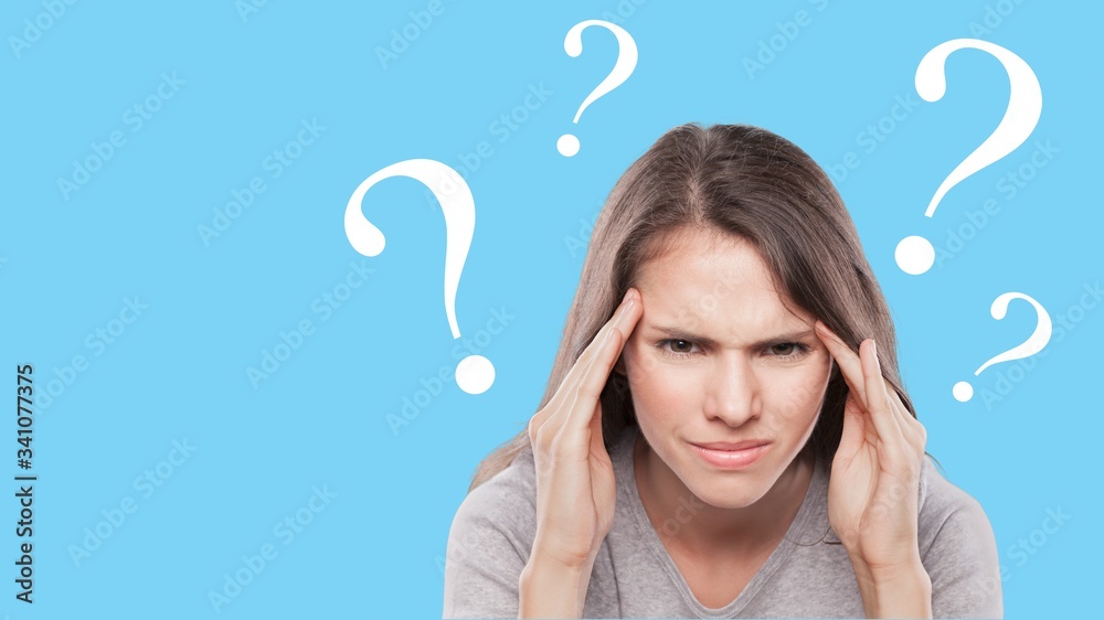 Question sign with a beautiful alarmed woman on pastel background Question sign with a beautiful alarmed woman on pastel background