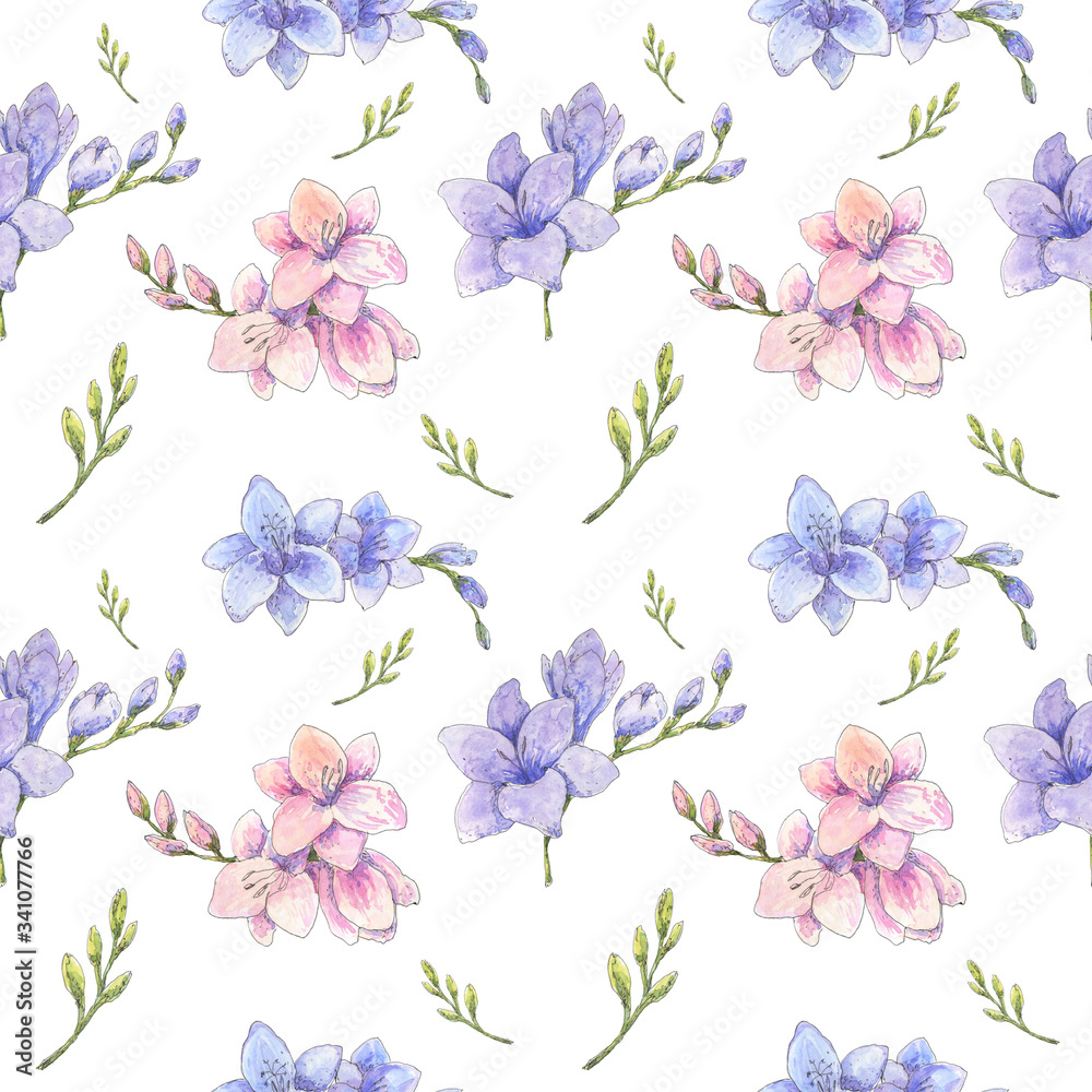 Freesia flowers watercolor botanical seamless pattern. Spring, summer delicate floral background for wallpaper, gift wrapping paper, textile, wedding, fashion design. 