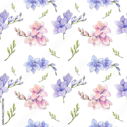 Freesia flowers watercolor botanical seamless pattern. Spring, summer delicate floral background for wallpaper, gift wrapping paper, textile, wedding, fashion design. 