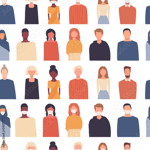 Vector seamless pattern in flat style. Modern multicultural, multiethnic society. People isolated on white. Medical mask. Coronavirus COVID-19 quarantine. Air pollution, contamination. Stay home