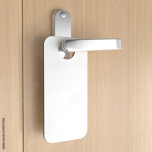 Blank door hanger on wooden door mockup. Doorsign template. 3d render photo