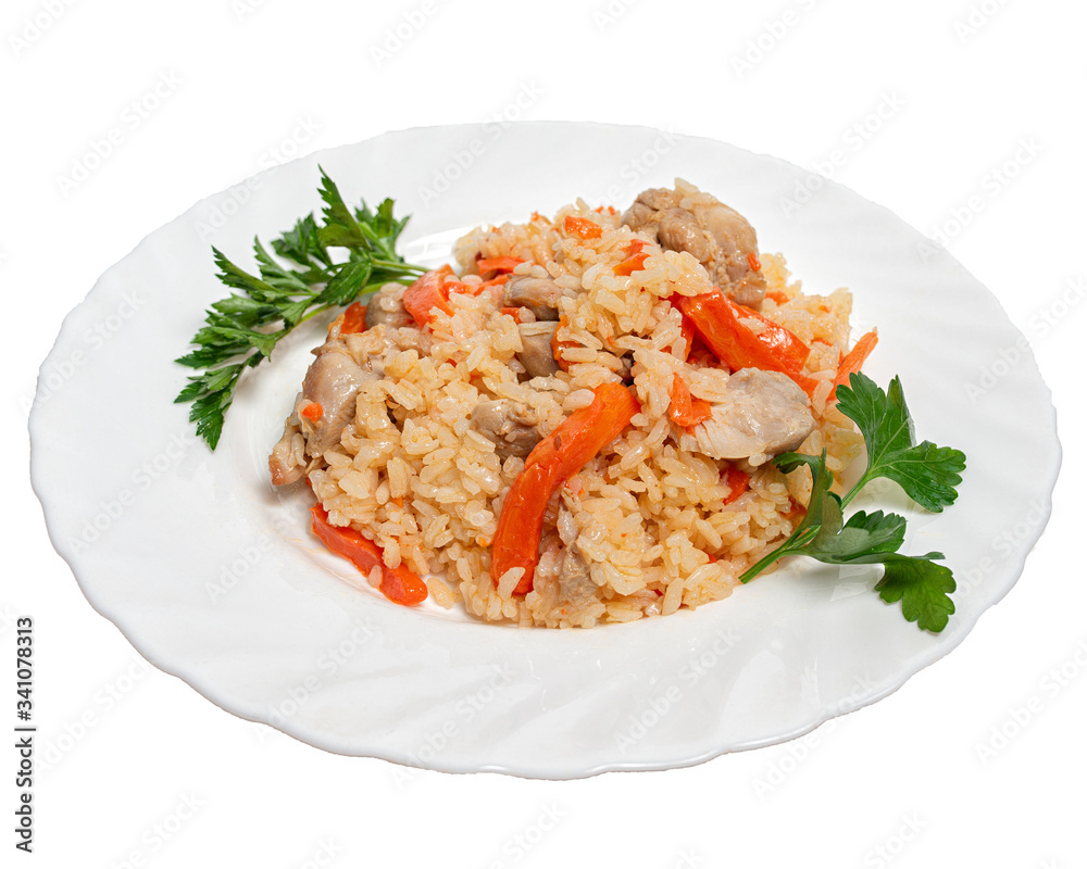 pilaf with chicken on a white background