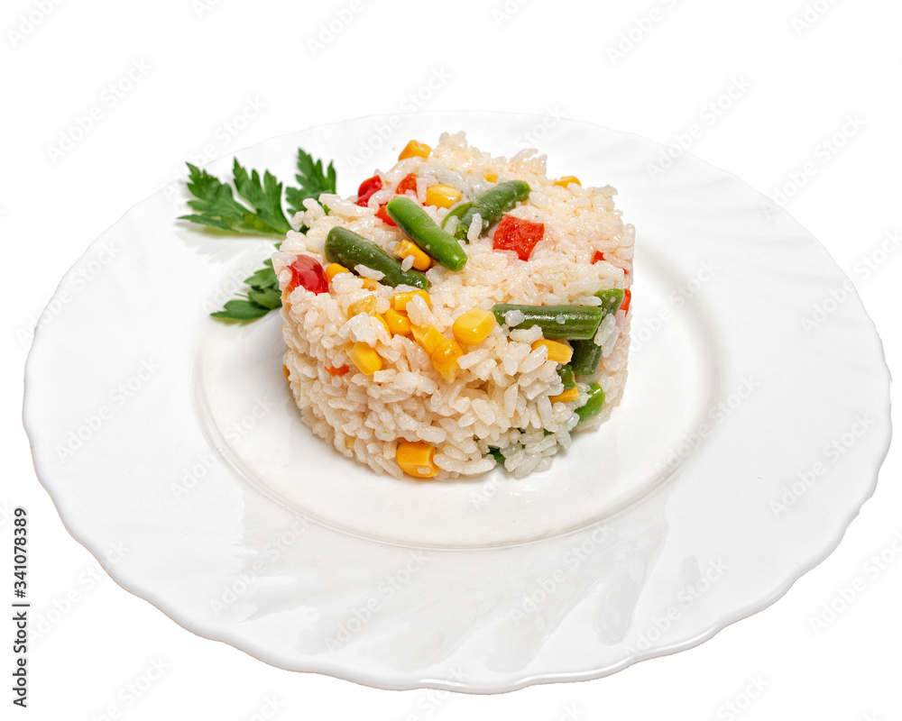 Rice with vegetables on a white background