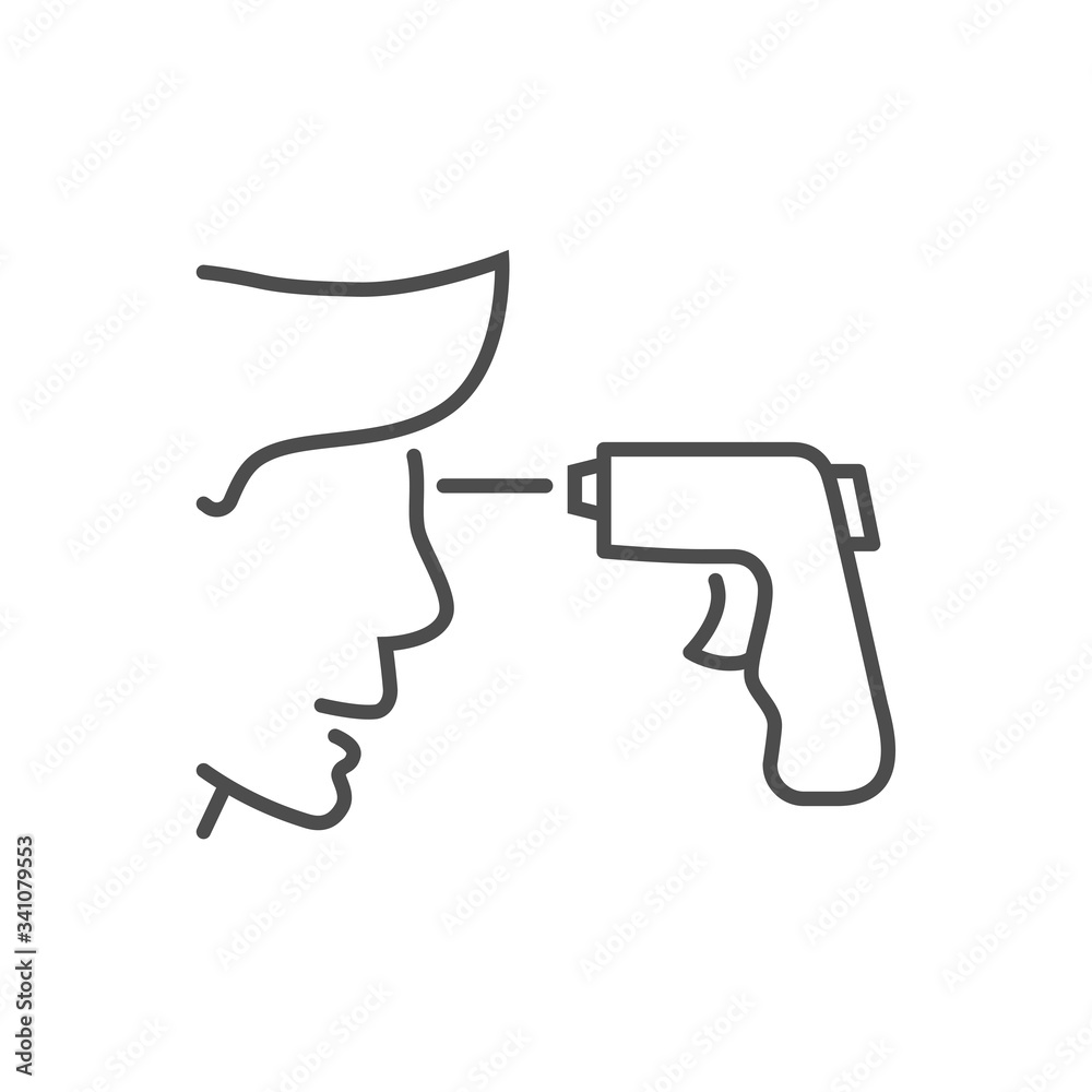 Infrared thermometr related vector thin line icon. Infrared thermometer measures a person temperature. Isolated on white background. Editable stroke. Vector illustration. Infrared thermometr related vector thin line icon. Infrared thermometer measures a person temperature. Isolated on white background. Editable stroke. Vector illustration.