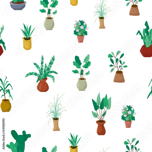Floristic background. Green potted flowers flat postcard. Home gardening background. House plants seamless pattern. 