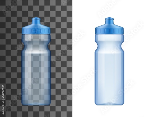 Water drink bottle realistic vector 3d mockup. Empty blue plastic container for fitness drink or energy beverage, reusable flask with push and pull cap on transparent and white background