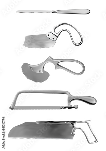 Surgical saws set. Charriere Bone Saw, Bergman and Engel plaster saws, Satterlee Bone Saw, Metacarpal saw Langenbeck. Manual surgical instrument. Isolated subjects. Vector illustration photo