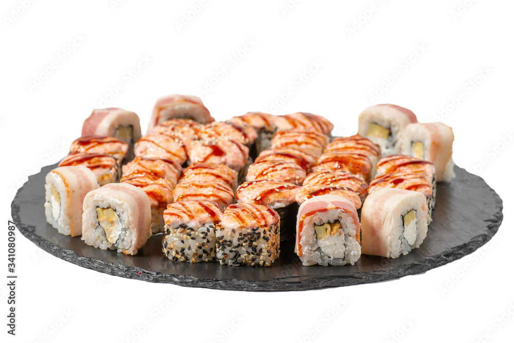 sushi rolls on a Board on a white background sushi rolls on a Board on a white background