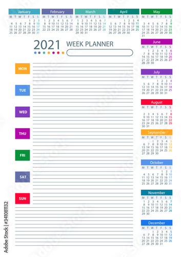 2021 Week Planner Calendar. Week starts monday. Color