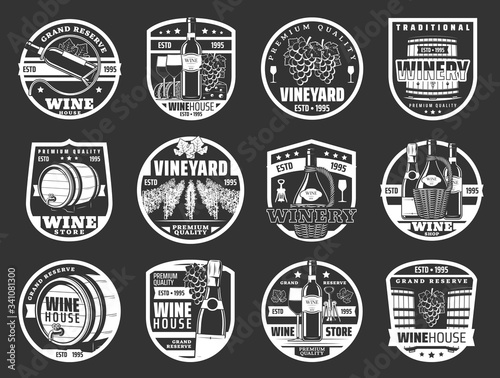 Winery vector badges with wine and champagne bottles, grape fruit drinks and snack food. Barrel of alcohol beverage, glass and vineyard grape vine, corkscrew and wicker basket monochrome icons design