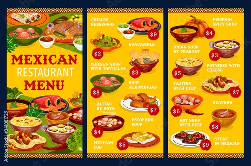 Mexican restaurant menu vector template with vegetable, meat and fish dishes. Beef fajitas, guacamole sauce and stuffed peppers, chicken wings, seafood salad, steak and estofado stew, soups, tortillas