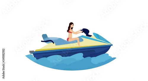 Young girl riding on water scooter, bright positive isolated on white background stock vector illustration. Outdoor activities, extreme lifestyle, vacation concept. Graphic composition with watercraft © Alyona