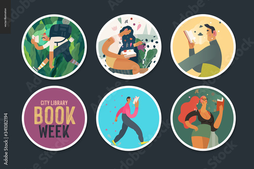 World Book Day stickers -book week events. Modern flat vector concept illustrations of people reading with enthusiasm forgetting about evrything surrounding. Lettering captions