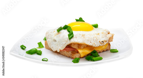 Sandwich with ham and fried eggs cheese on a white plate. White background. Isolated object