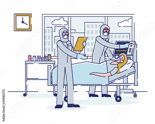 Concept Of Coronavirus And Intensive Therapy. Sick Infected Woman Is in Intensive Care Unit Connected To Ventilator Under Doctors Protection. Cartoon Linear Outline Flat Style. Vector Illustration