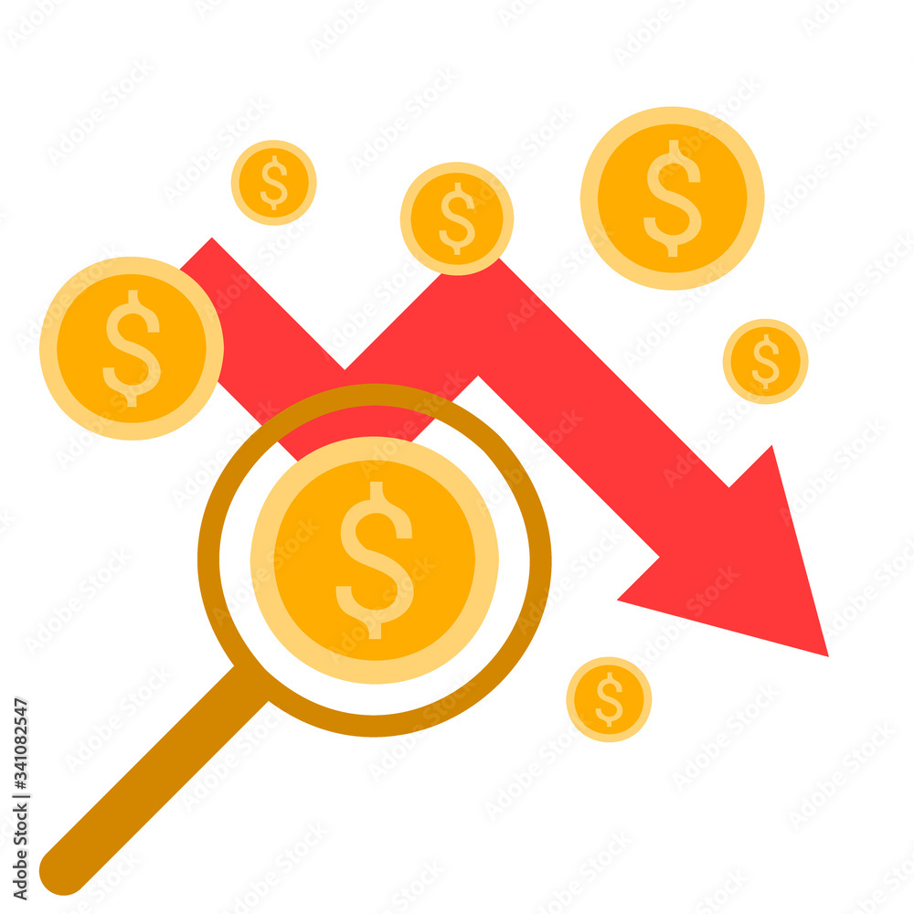 Currency crash, money fail graph. Trading chart, decline red arrow with gold coins. Vector flat illustration Currency crash, money fail graph. Trading chart, decline red arrow with gold coins. Vector flat illustration