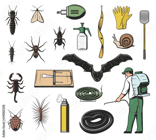 Pest control exterminator, insect, insecticide and rodent vector icons. Scorpion, weevil or snout beetle, bat, snake and spider, moth, snail and termite, mouse trap, fly flapper and repellent spray