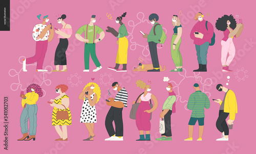 Waiting in line coronavirus - modern flat vector concept illustration of people standing in line wearing mask, talking to each other. Multicultural, multilingual people, coronavirus protection concept