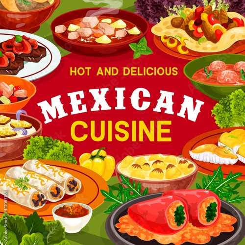 Mexican cuisine vegetable, meat and fish dishes vector frame. Stuffed peppers, bean burritos and beef fajitas with chilli salsa sauce, estofado stew, tomato meatball soup, seafood salad and tortillas