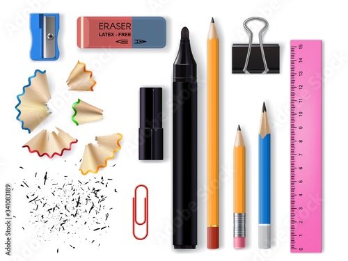 Stationery realistic design of school and office supplies vector design. 3d pencils, eraser, marker pen and sharpener, plastic ruler, paper and binder clips with pencil shavings and graphite photo