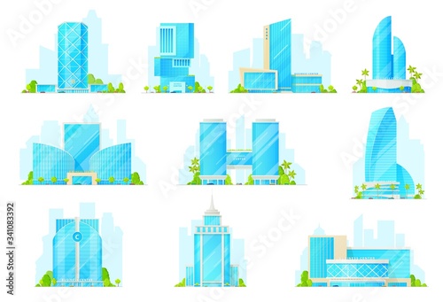 Business center building vector icons of city architecture. Modern skyscrapers, bank office buildings or apartments, downtown tower houses with glass facades and car parking lots. Commercial property