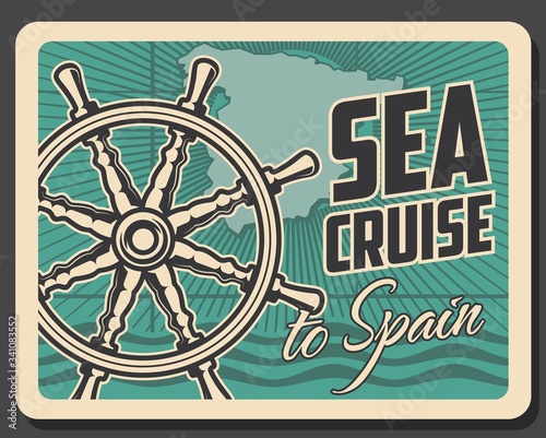 Sea cruise to Spain vector design of Spanish travel and tourism. Map of Spain with vintage ship helm and Atlantic ocean waves retro poster of marine journeys or voyages