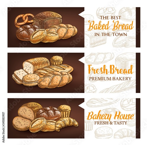 Bakery products vector banners. Baker shop whole wheat and rye bread sketch. Sweet pastry and dessert bun. Panettone with icing, pretzel and croissant, braided challah, wheat loaf and cheese bread