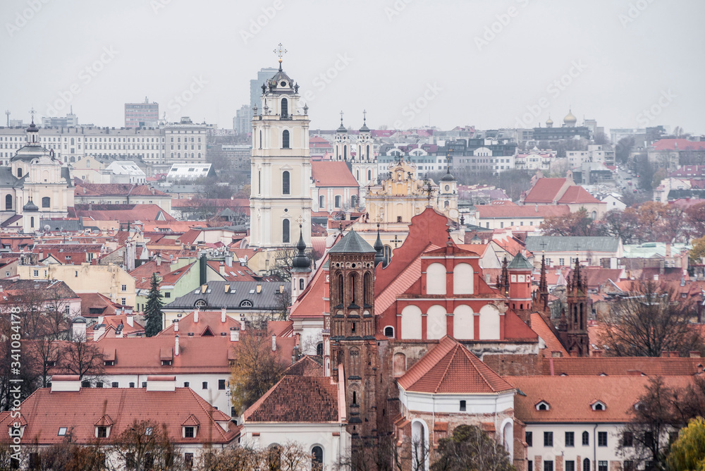 panoramic view of many church steeples in vilnius lithuania