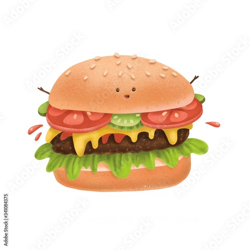 Kawaii burger character. Funny fastfood with small eyes  hands   and smile for fast food kids menu. Modern textured style flat illustration icon. Isolated on white background