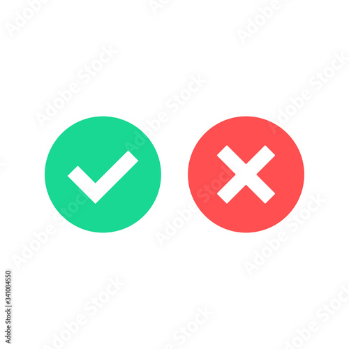 Check mark icons. Green checkmark and red cross mark flat icons set. Tick and x mark. Vector illustration isolated on white background