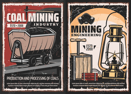 Coal mining industry grunge design with vector mine equipment and miner tools. Geology pick axe, oil lamp and mask, trolley with black minerals, dynamite sticks and detonator plunger box retro posters