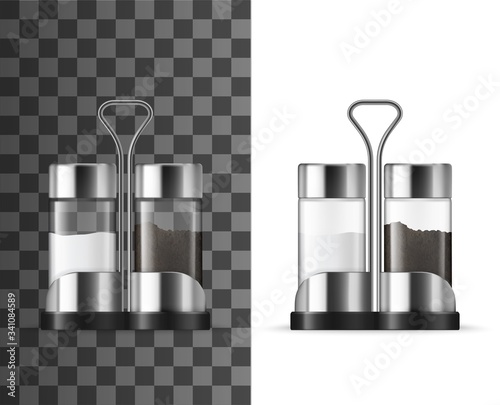 Salt and pepper shakers realistic vector design of kitchen spice, food seasonings and condiments. 3d glass bottles or transparent plastic containers on stand with salt powder and ground black pepper